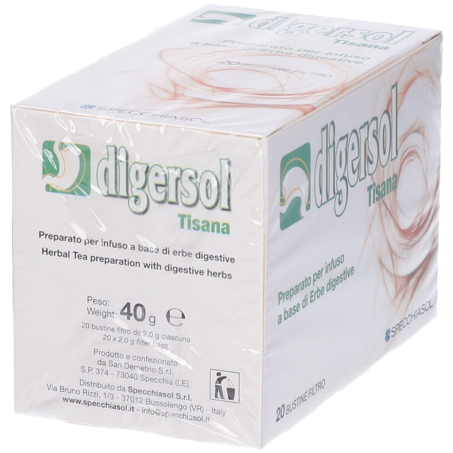 Confezione Digersol Tisana, sigillata. Scatola bianca e verde con logo e testo.