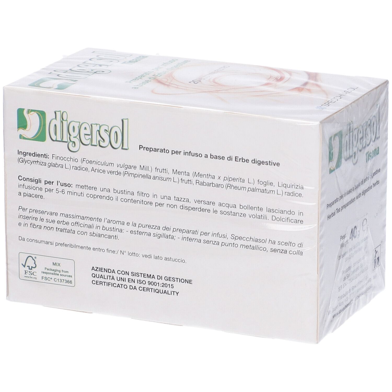 Confezione Digersol Tisana, sigillata. Scatola bianca e verde con logo e testo.