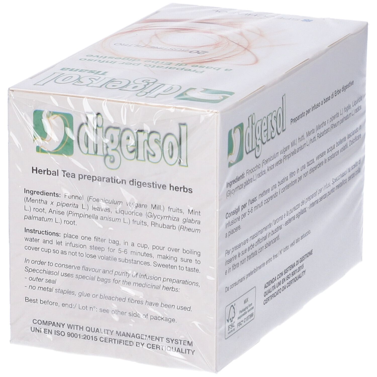 Confezione Digersol Tisana, sigillata. Scatola bianca e verde con logo e testo.