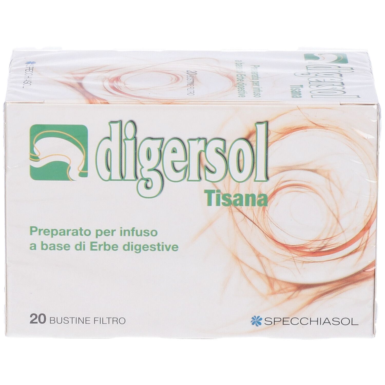 Confezione Digersol Tisana. Scatola bianca e verde con logo e testo. 20 filtri.