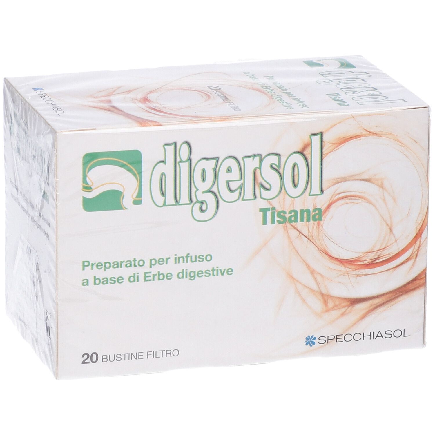Confezione Digersol Tisana. Scatola bianca e verde con logo e testo. 20 filtri.