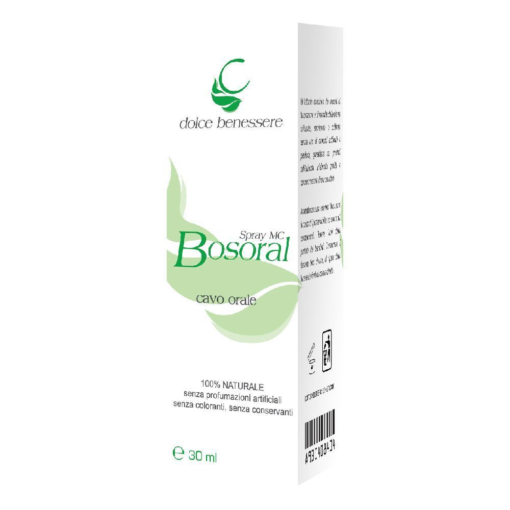Confezione di Bosoral Spray. Scritta: cavo orale, 30 ml. Confezione verde e bianca con nome e logo del prodotto.