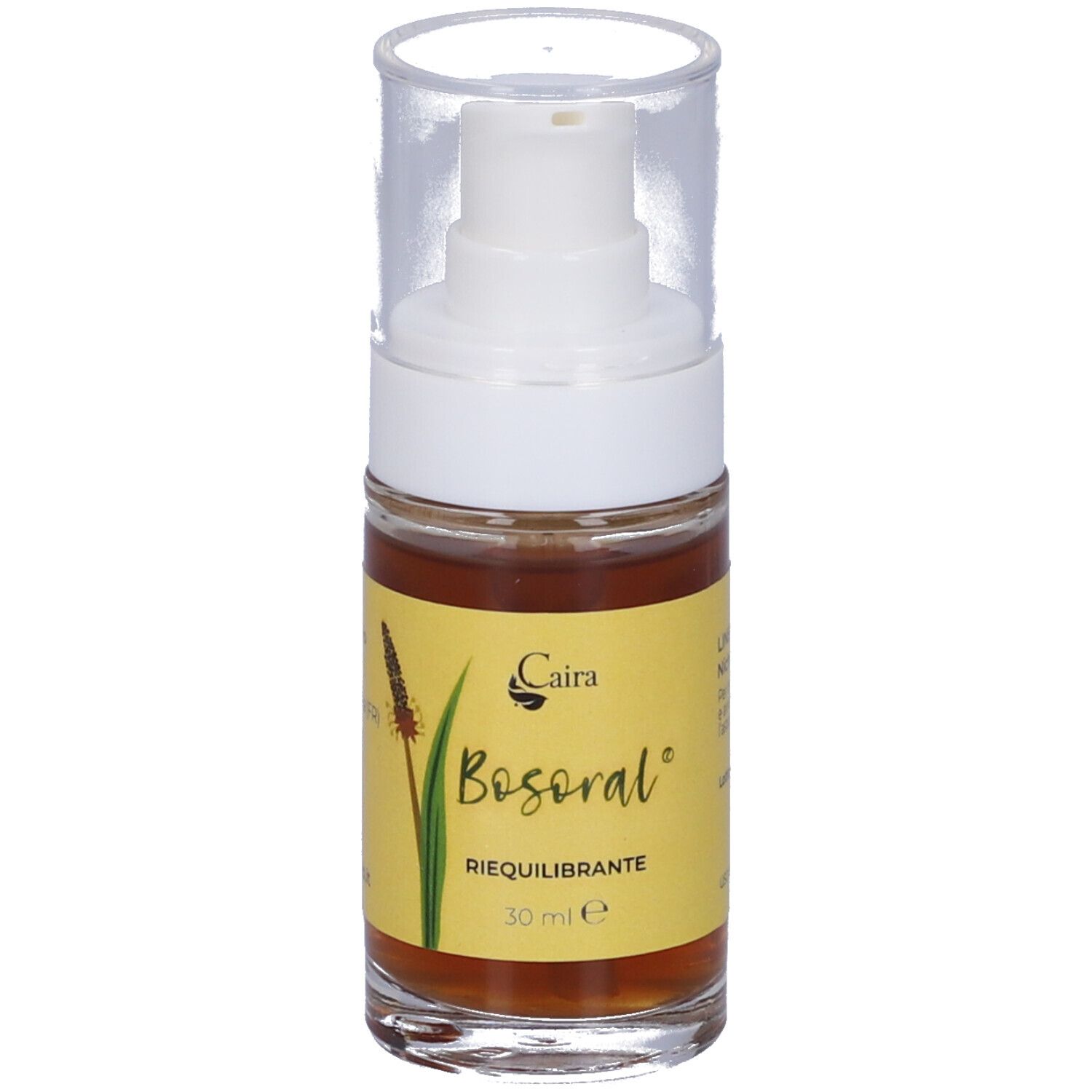 Flacone di Bosoral Spray con vaporizzatore. Scritta: 30 ml. Etichetta gialla con nome e logo del prodotto. Tappo trasparente.