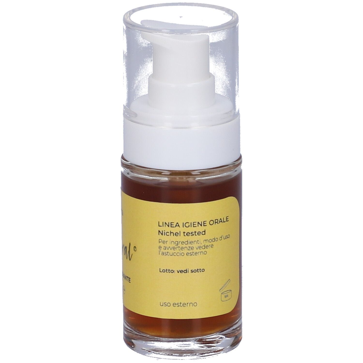 Flacone di Bosoral Spray con vaporizzatore. Scritta: 30 ml. Etichetta gialla con nome e logo del prodotto. Tappo trasparente.