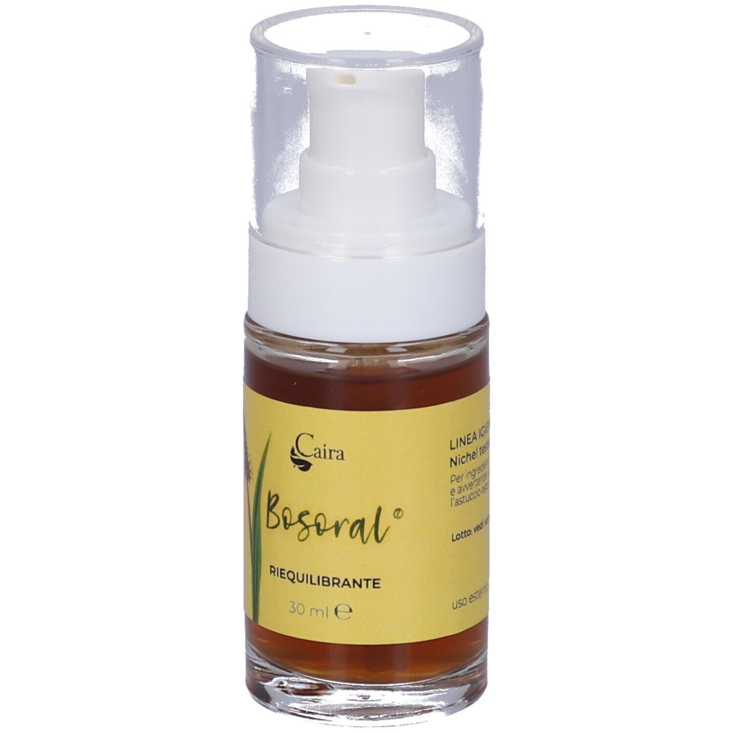Flacone di Bosoral Spray con vaporizzatore. Scritta: 30 ml. Etichetta gialla con nome e logo del prodotto. Tappo trasparente.