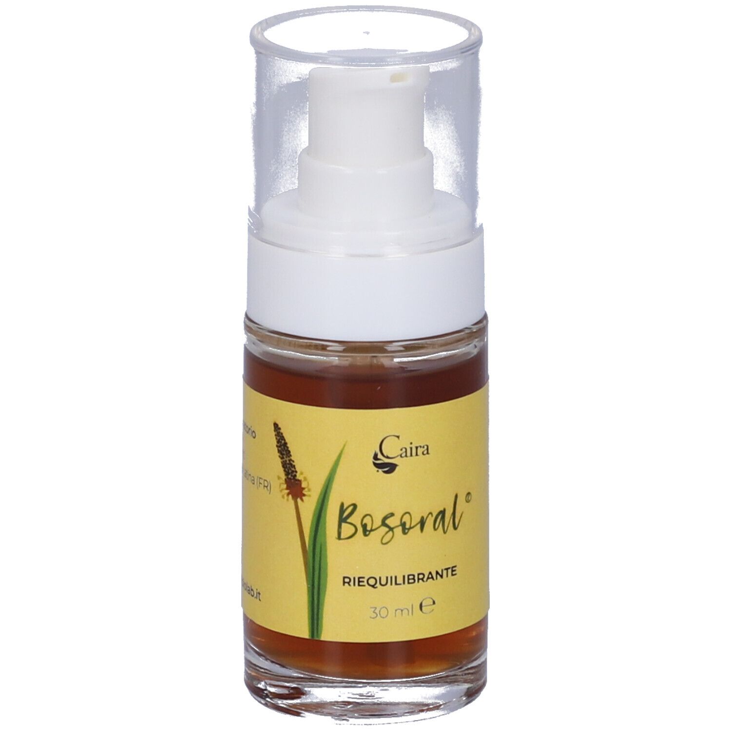 Flacone di Bosoral Spray con vaporizzatore. Scritta: 30 ml. Etichetta gialla con nome e logo del prodotto. Tappo trasparente.