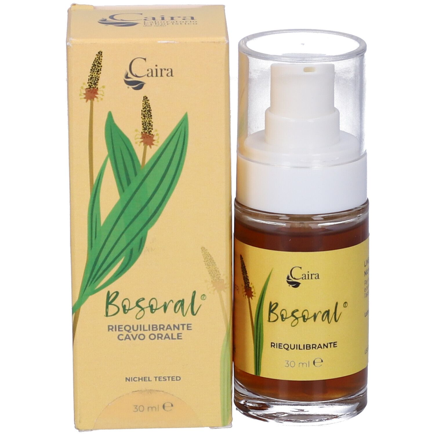 Flacone e confezione di Bosoral Spray. Scritta: 30 ml. Etichetta gialla con nome e logo del prodotto. Tappo trasparente.