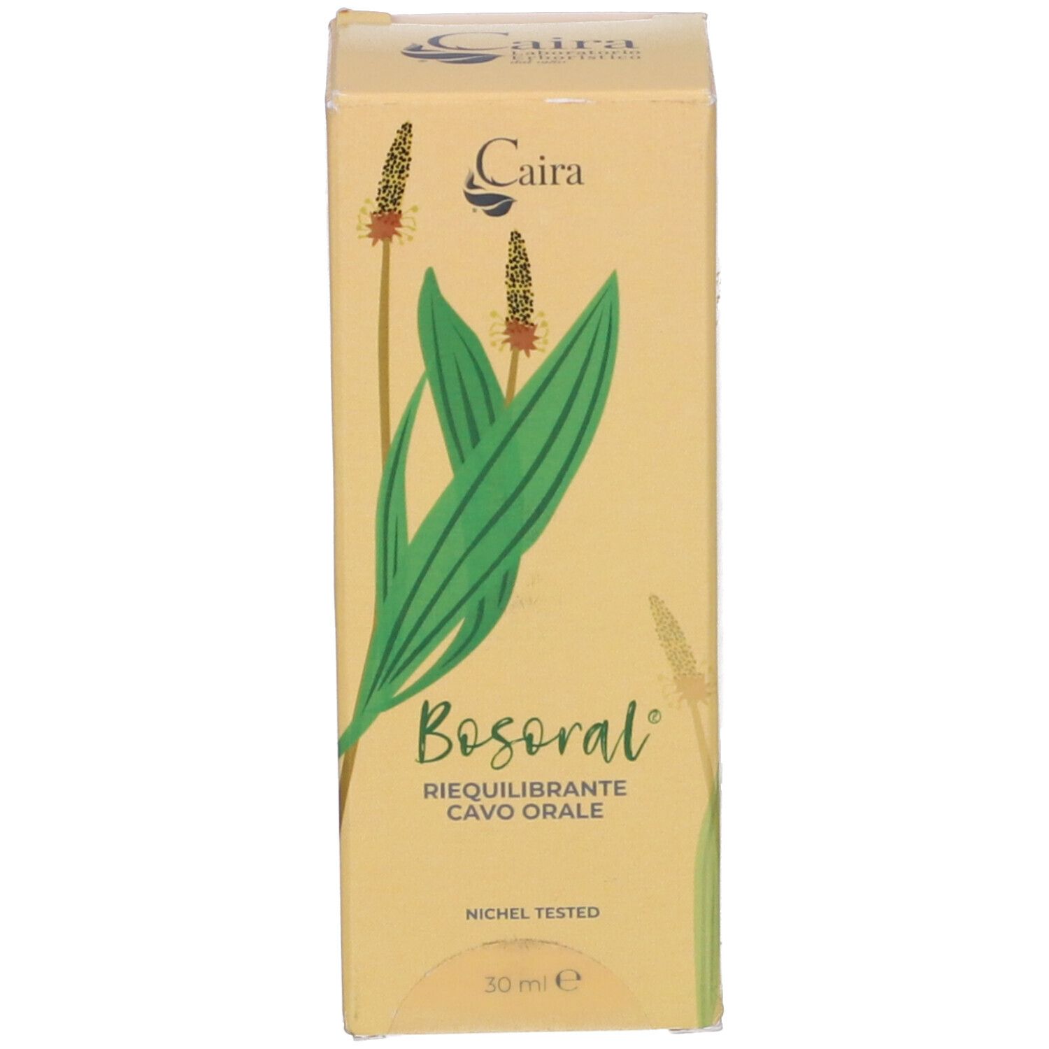 Confezione di Bosoral Spray. Scritta: 30 ml. Confezione gialla con nome e logo del prodotto. Scritta: cavo orale.