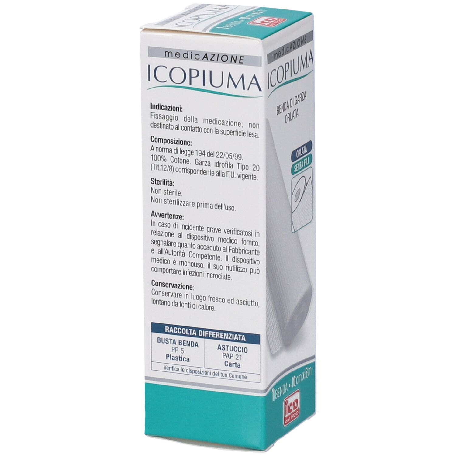 Verpackung mit Text. Aufschrift: ICOPIUMA Benda di Garza Orlata. Informationen zu Inhaltsstoffen, Sterilität und Warnhinweisen.