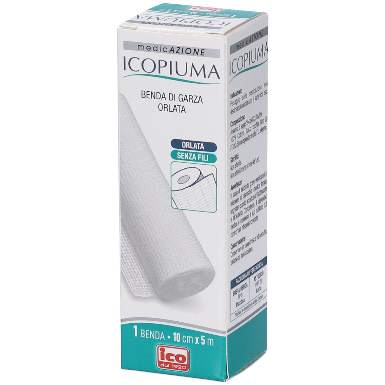 Verbandpäckchen mit Produktabbildung. Aufschrift: ICOPIUMA Benda di Garza Orlata. 1 Benda - 10 cm x 5 m. Logo ICO.
