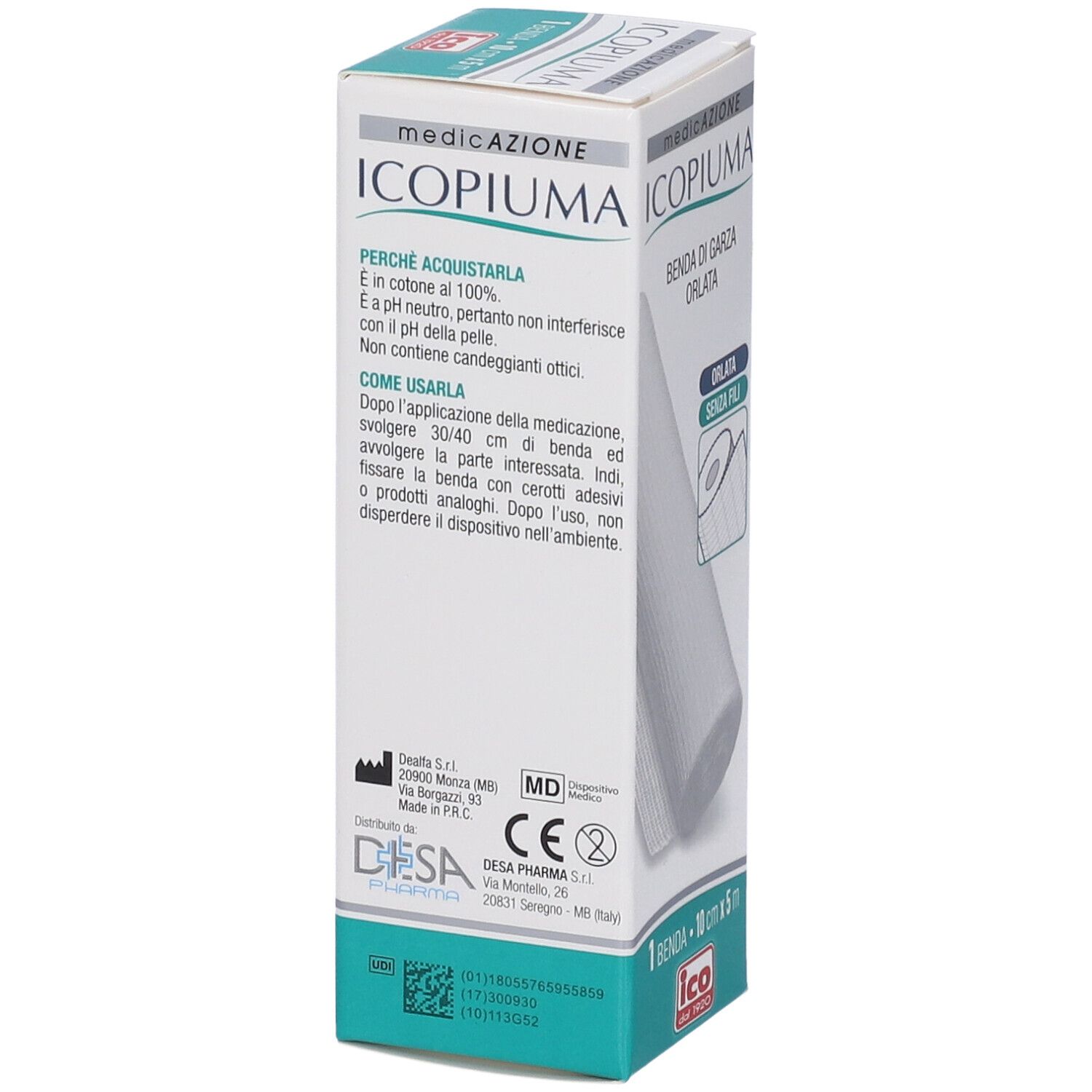 Verpackung mit Text. Aufschrift: ICOPIUMA Benda di Garza Orlata. Informationen zu Anwendung und Inhaltsstoffen.