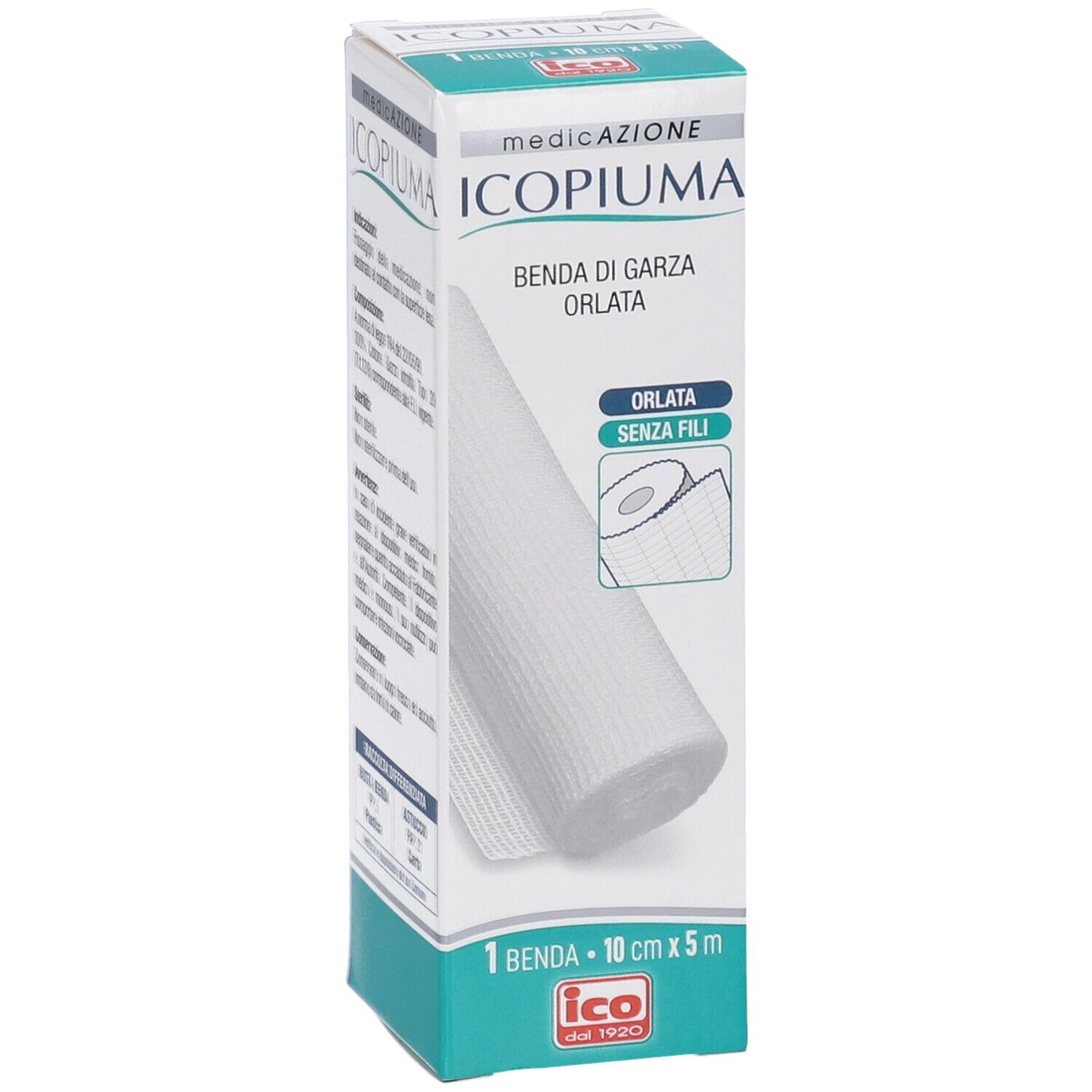 Verbandpäckchen mit Produktabbildung. Aufschrift: ICOPIUMA Benda di Garza Orlata. 1 Benda - 10 cm x 5 m. Logo ICO.