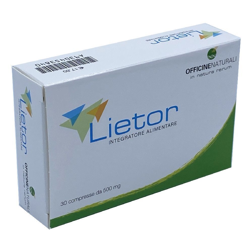 Scatola di 'Lietor', 30 compresse da 500 mg. Marchio OFFICINE NATURALI. Bianco, blu, verde.