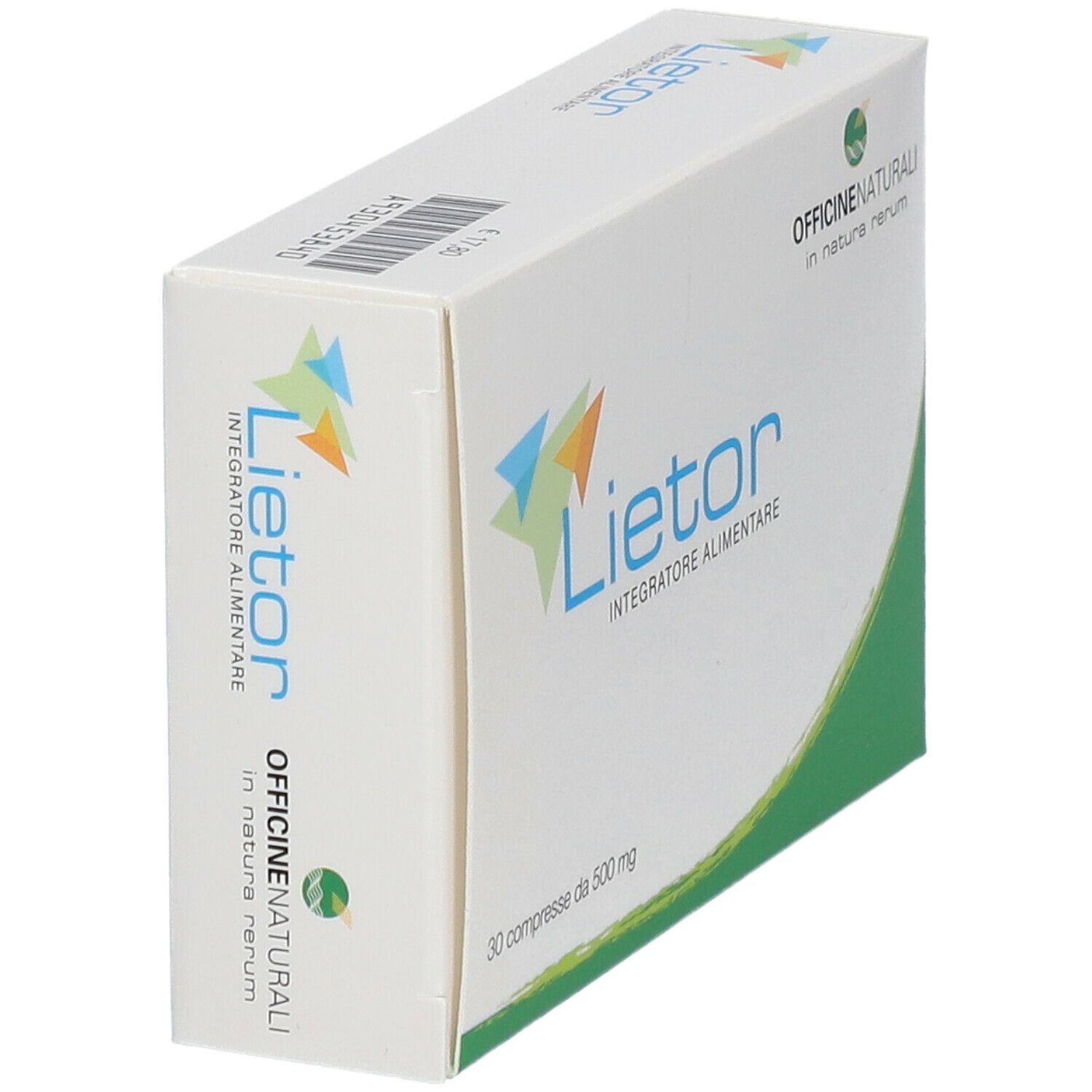 Scatola 'Lietor', 30 compresse da 500 mg. Marchio OFFICINE NATURALI. Bianco, verde. Prospettiva.