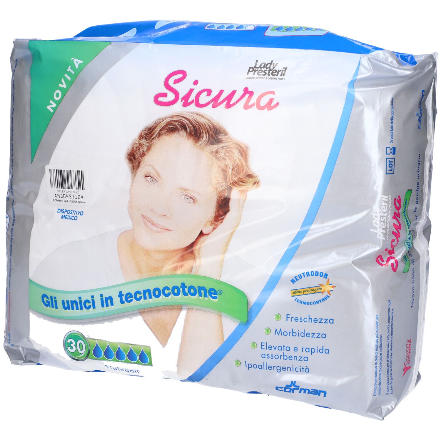 Confezione di assorbenti Sicura Lady Presteril. 30 pezzi. Scritta "Gli unici in tecnocotone". Con indicazioni.