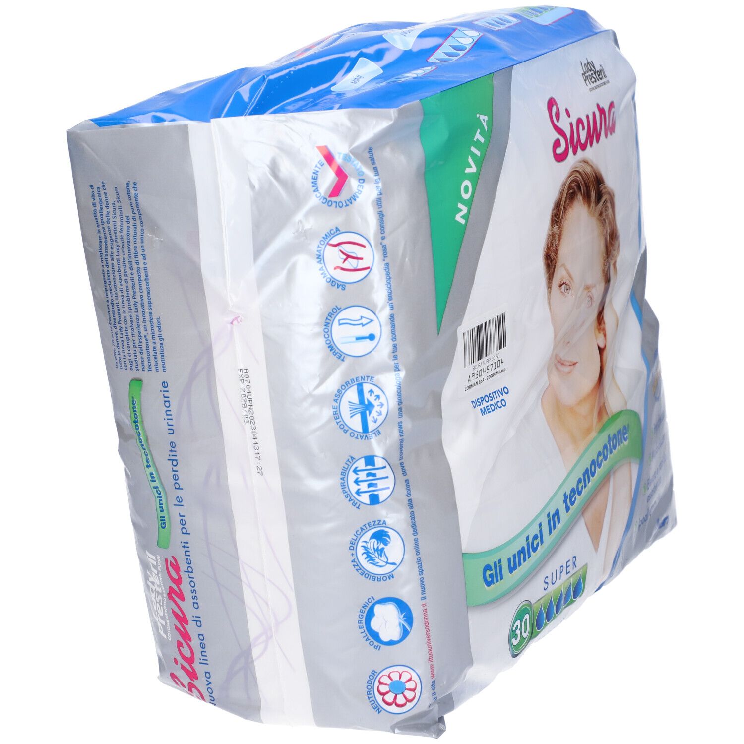 Confezione di assorbenti Sicura Lady Presteril. 30 pezzi. Scritta "Gli unici in tecnocotone". Vista laterale.