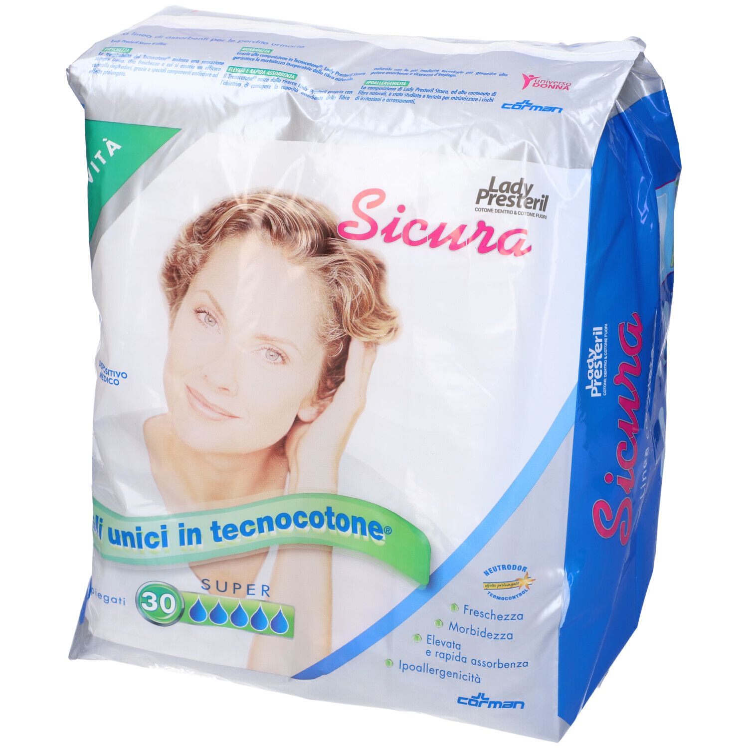 Confezione di assorbenti Sicura Lady Presteril. 30 pezzi. Scritta "Gli unici in tecnocotone".