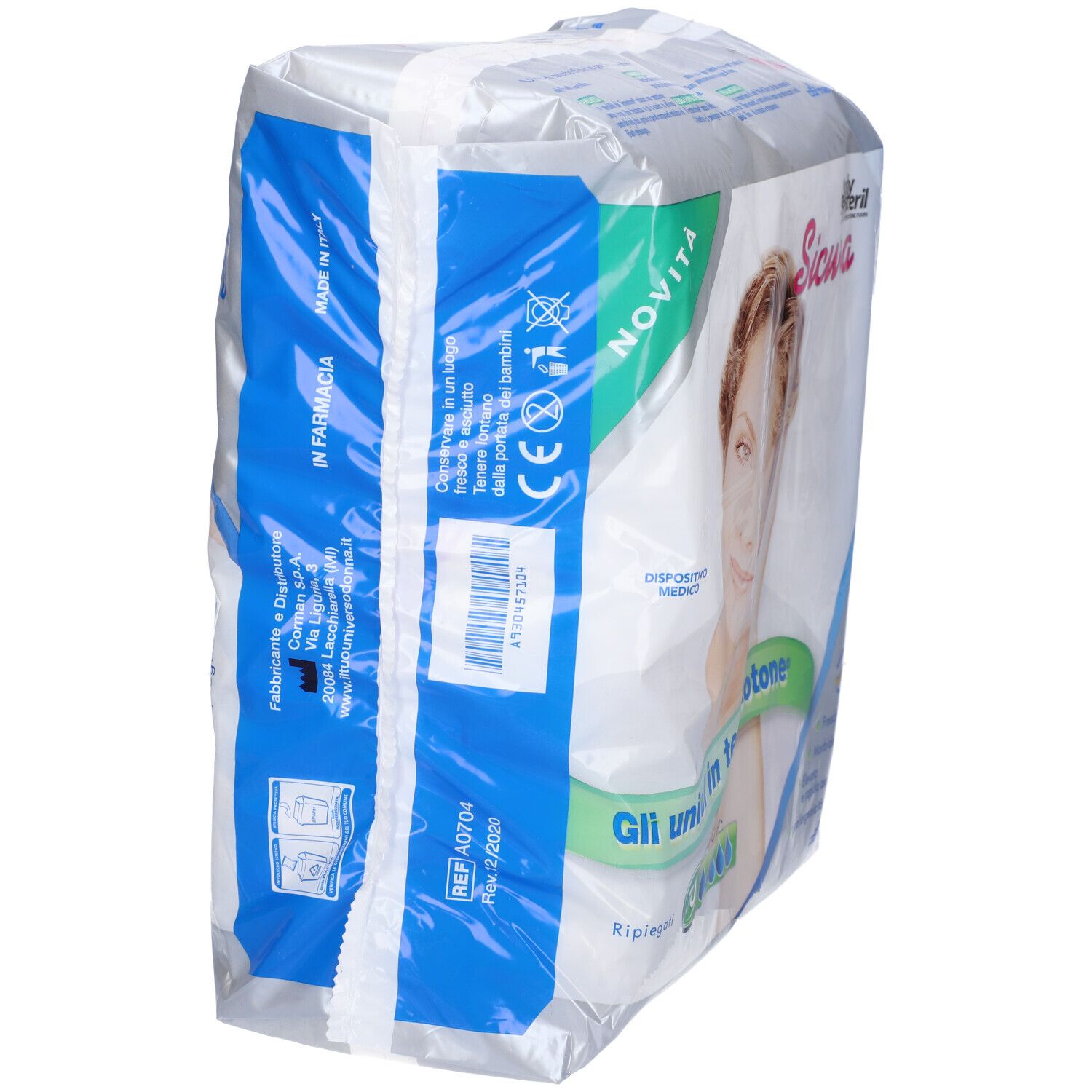 Confezione di assorbenti Sicura Lady Presteril. 30 pezzi. Scritta "Gli unici in tecnocotone". Vista laterale.