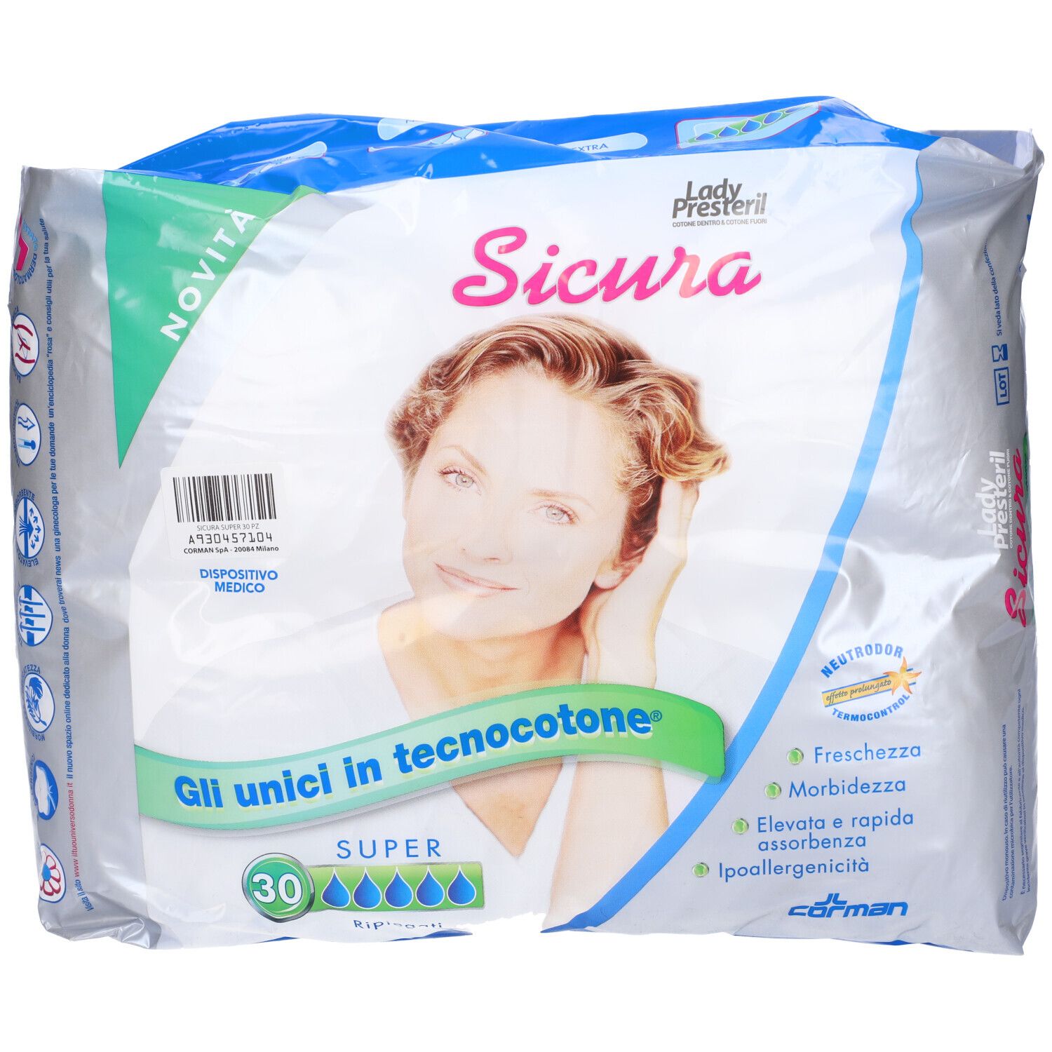 Confezione di assorbenti Sicura Lady Presteril. 30 pezzi. Scritta "Gli unici in tecnocotone".
