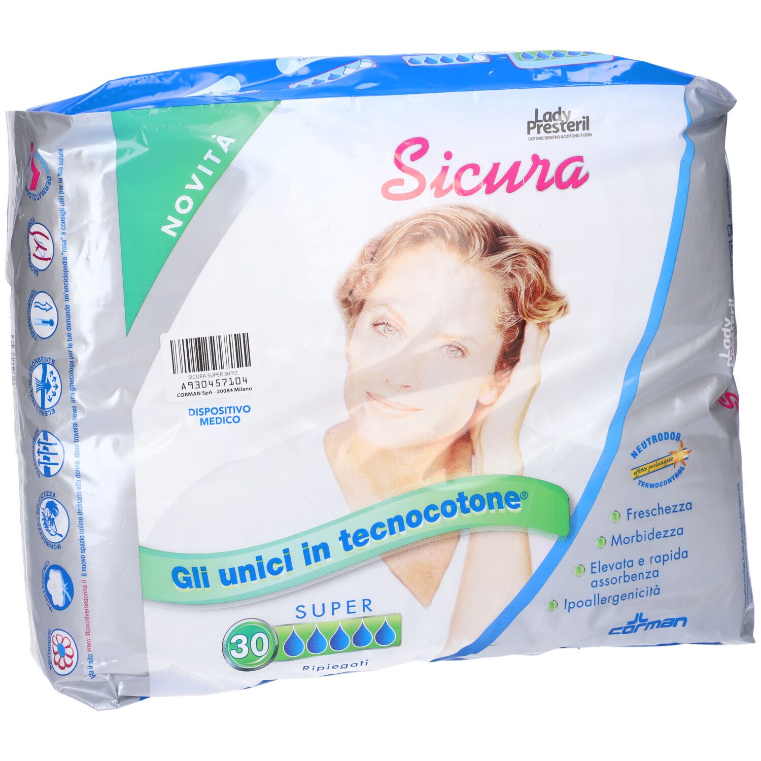 Confezione di assorbenti Sicura Lady Presteril. 30 pezzi. Scritta "Gli unici in tecnocotone".