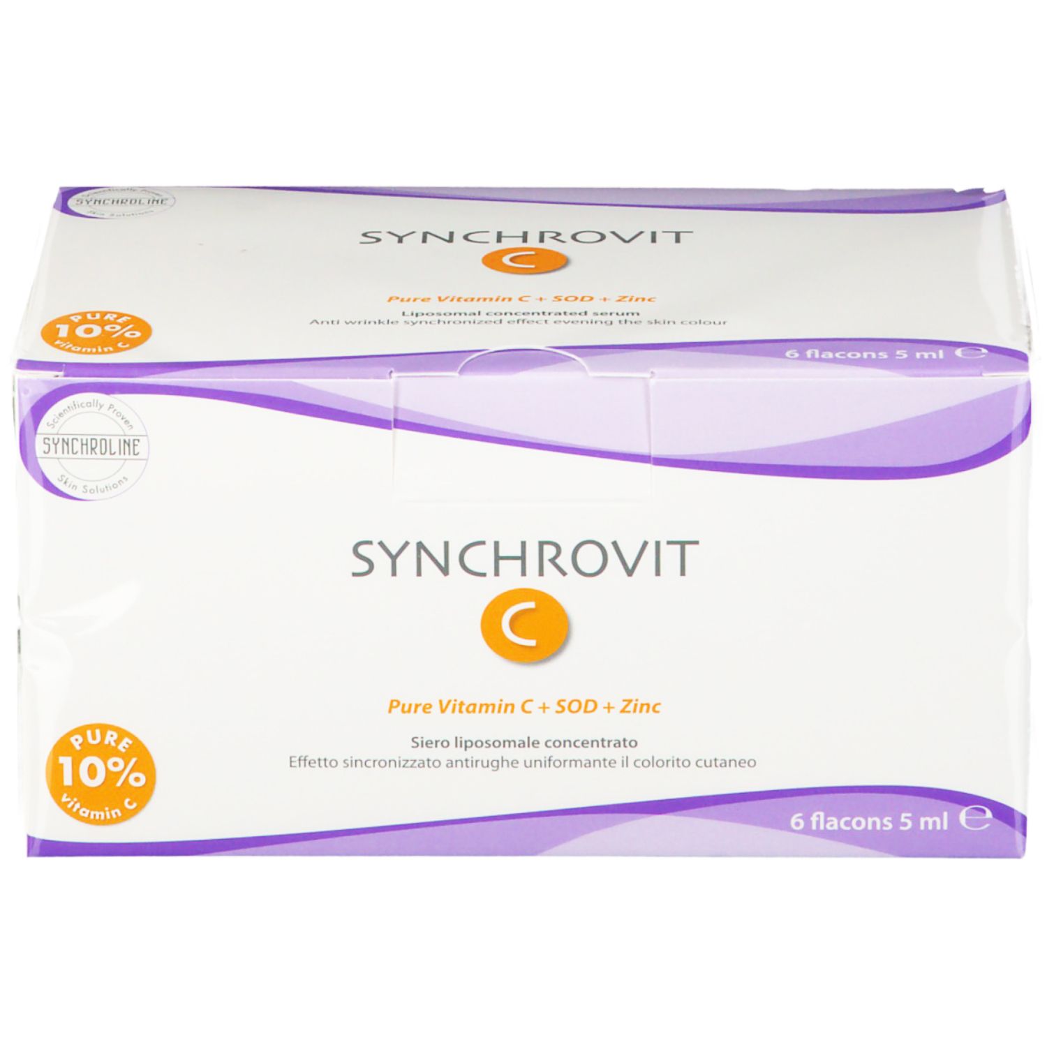 Confezione di SYNCHROVIT C. Contiene 6 flaconi. Scritta: Pure Vitamin C + SOD + Zinc. Con 10% di vitamina C.