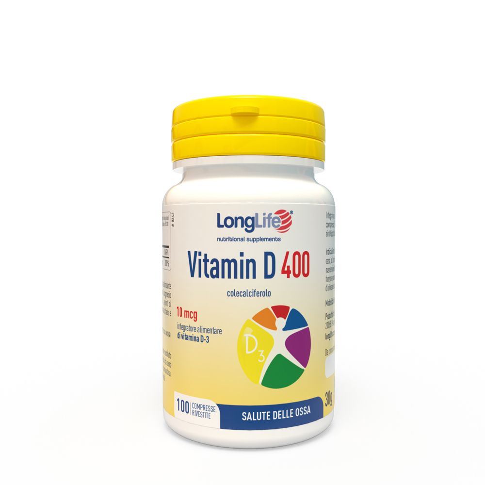 Flacone bianco con tappo giallo. Scritta: LongLife Vitamina D 400. Contiene 100 compresse. Con simbolo D3.