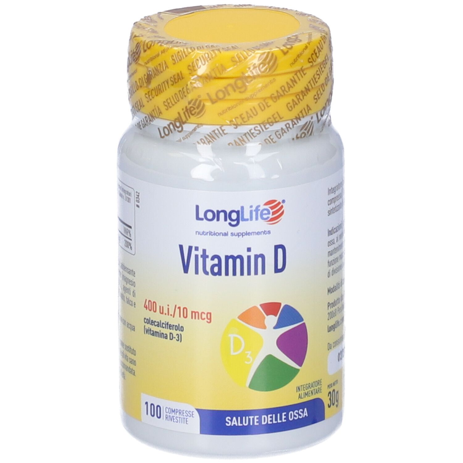 Flacone bianco con tappo giallo e sigillo. Scritta: LongLife Vitamina D. Contiene 100 compresse. Con simbolo D3.