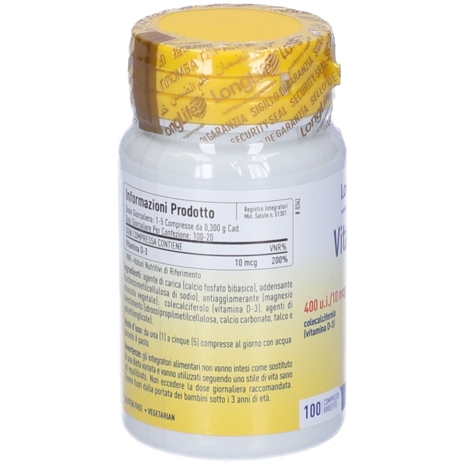 Retro del flacone bianco. Contiene informazioni sugli ingredienti e i valori nutrizionali. Con tappo giallo e sigillo.