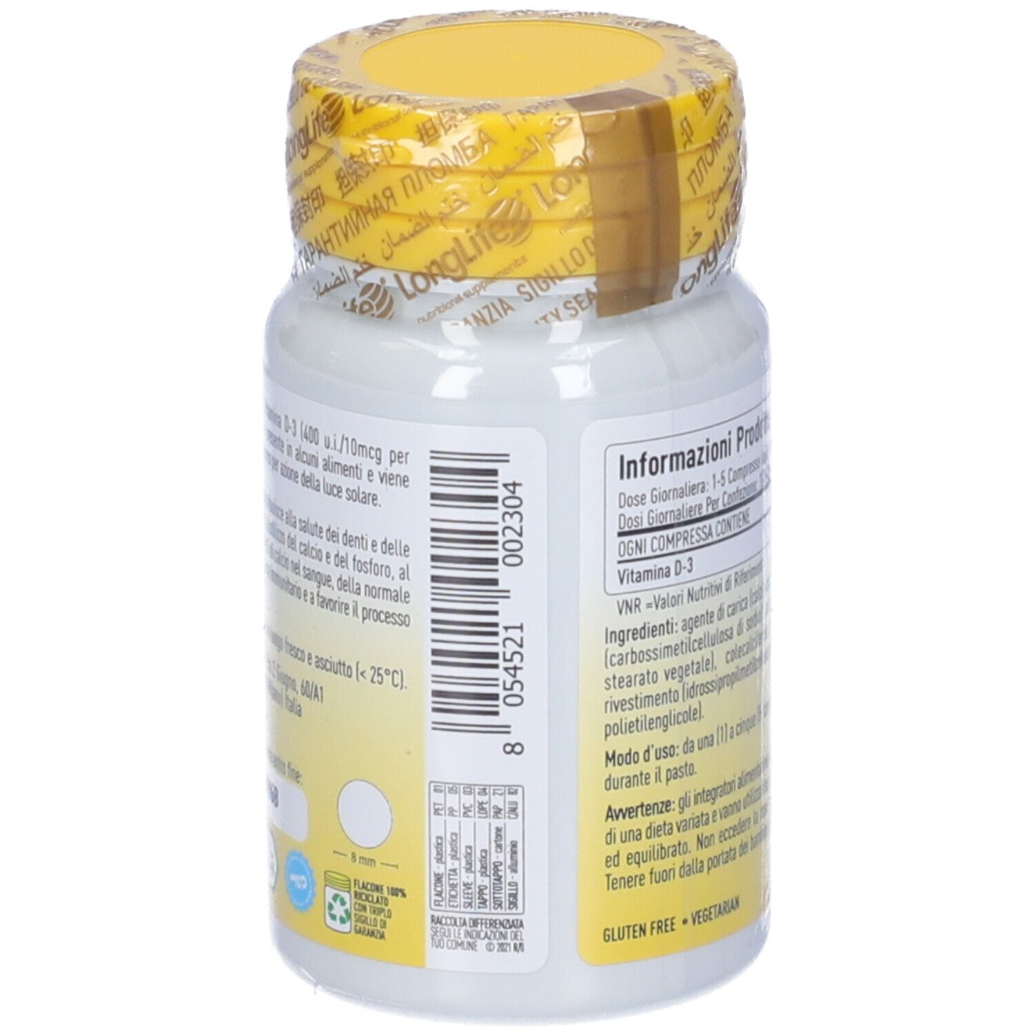 Retro del flacone bianco. Contiene informazioni. Con tappo giallo e sigillo. Senza glutine e vegetariano.