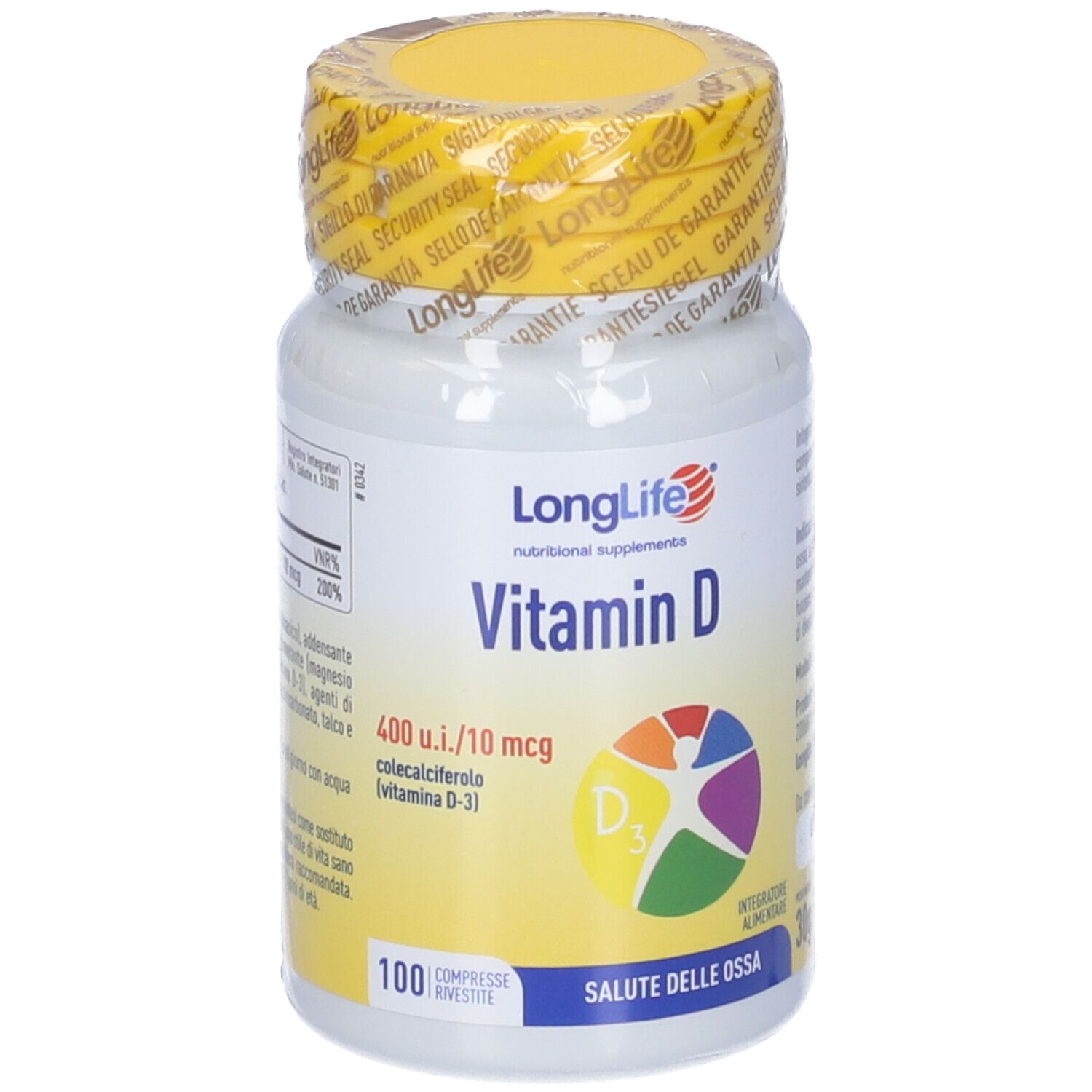 Flacone bianco con tappo giallo e sigillo. Scritta: LongLife Vitamina D. Contiene 100 compresse. Con simbolo D3.