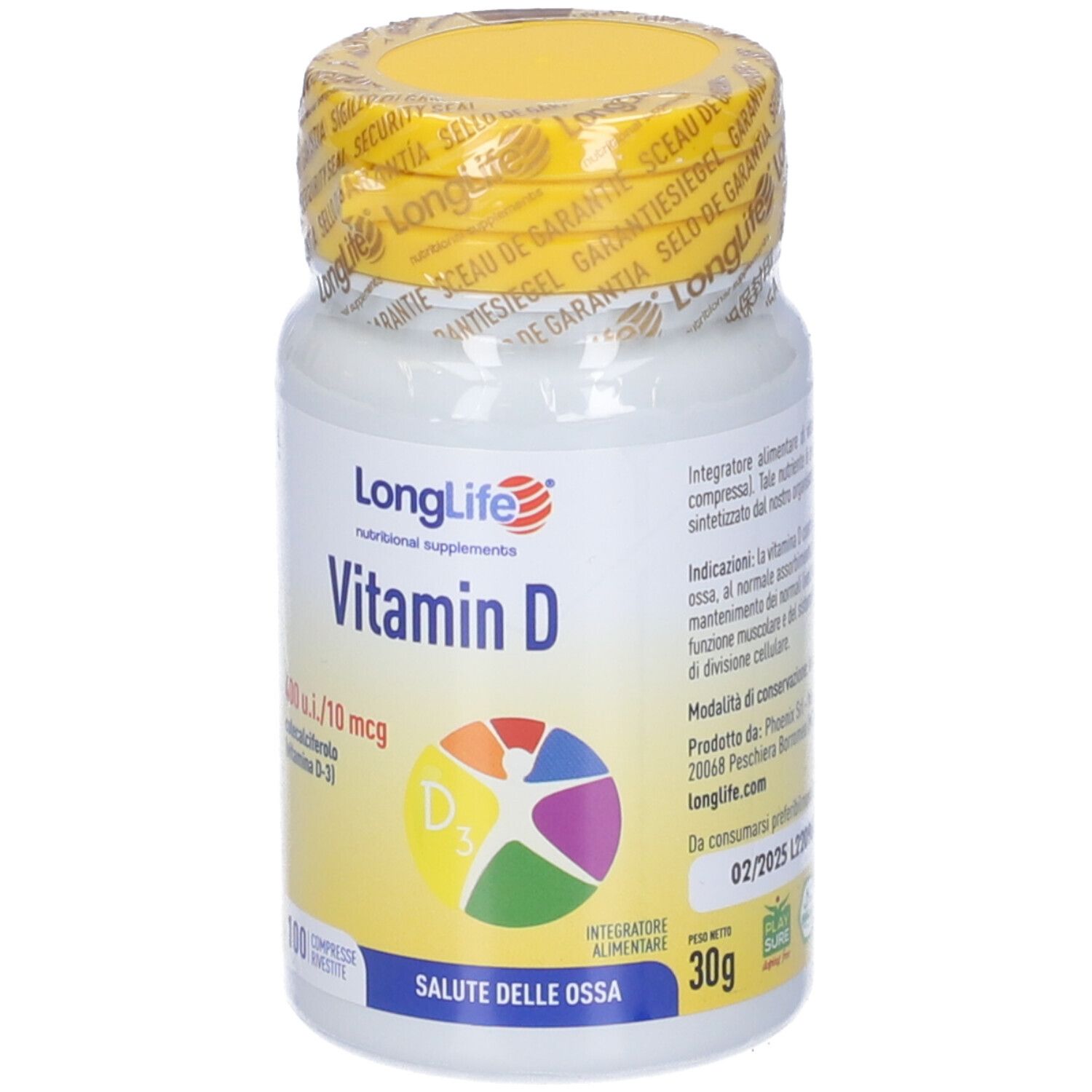 Flacone bianco con tappo giallo e sigillo. Scritta: LongLife Vitamina D. Contiene 30g. Con simbolo D3.