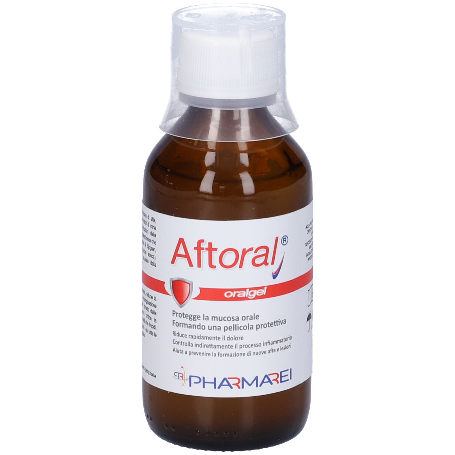 Flacone marrone con tappo bianco. Contiene liquido ed etichetta con testo.