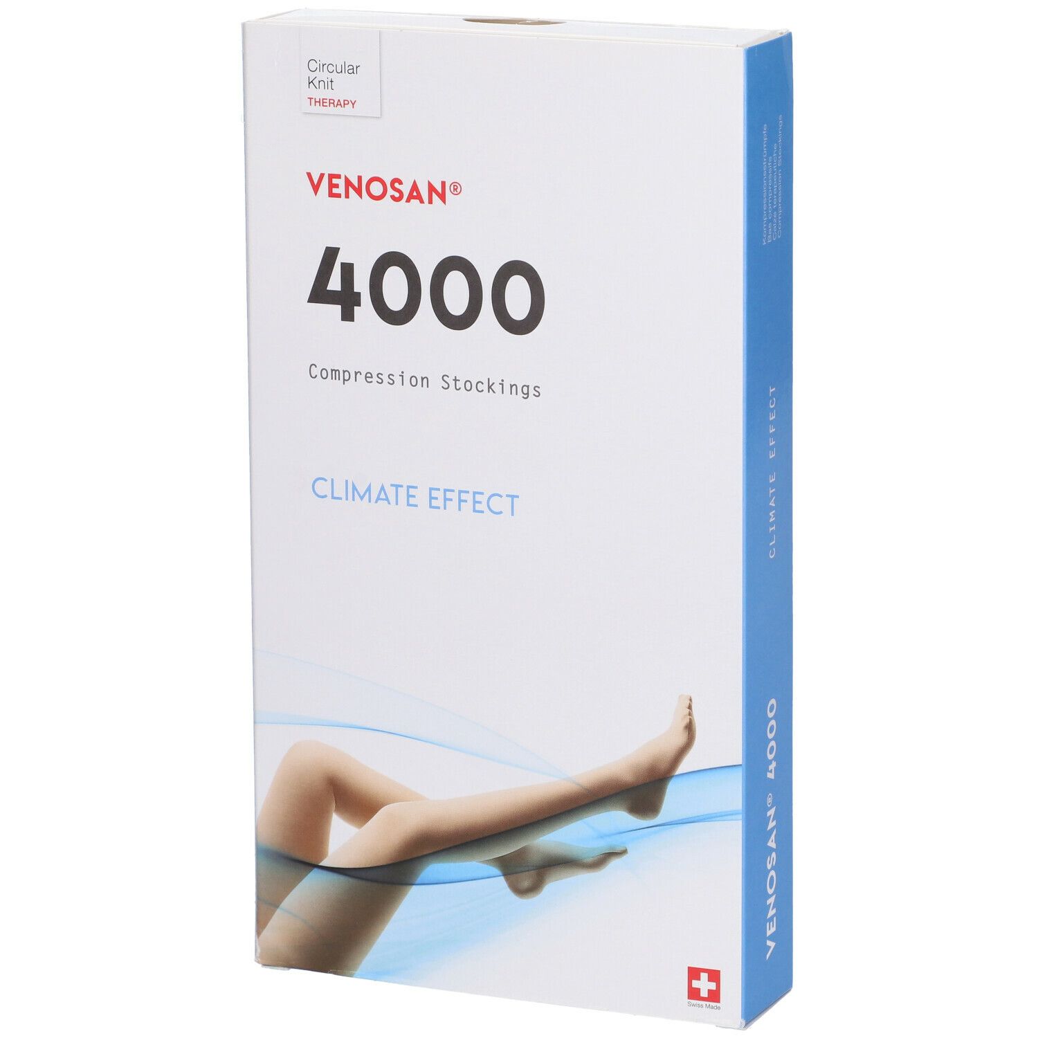 Confezione di calze a compressione Venosan 4000. Scritta: Venosan, 4000, Climate Effect. Immagine di gambe con calze.
