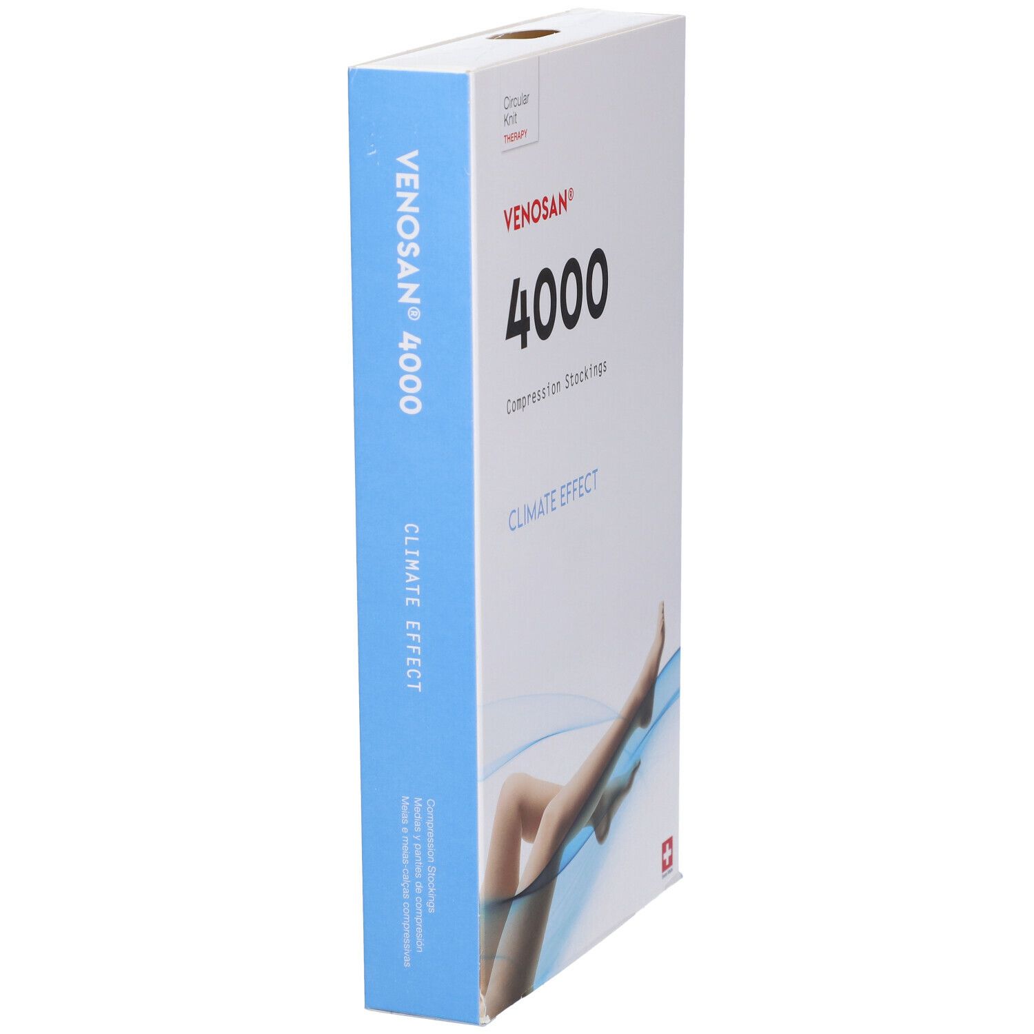 Confezione di calze a compressione Venosan 4000. Scritta: Venosan, 4000, Climate Effect. Immagine di gambe con calze.