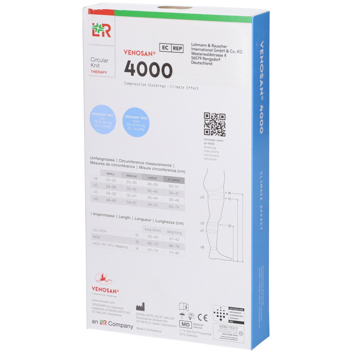 Confezione di calze a compressione Venosan 4000. Scritta: Venosan, 4000, Climate Effect. Retro con tabella taglie e QR code.