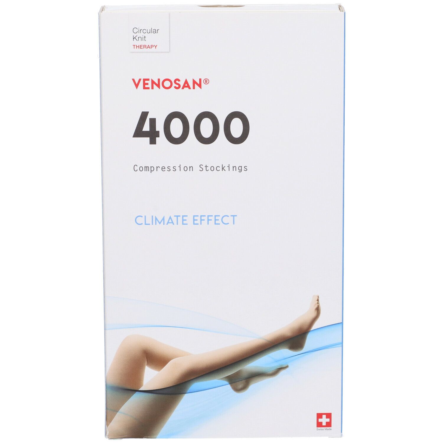 Confezione di calze a compressione Venosan 4000. Scritta: Venosan, 4000, Climate Effect. Immagine di gambe con calze.