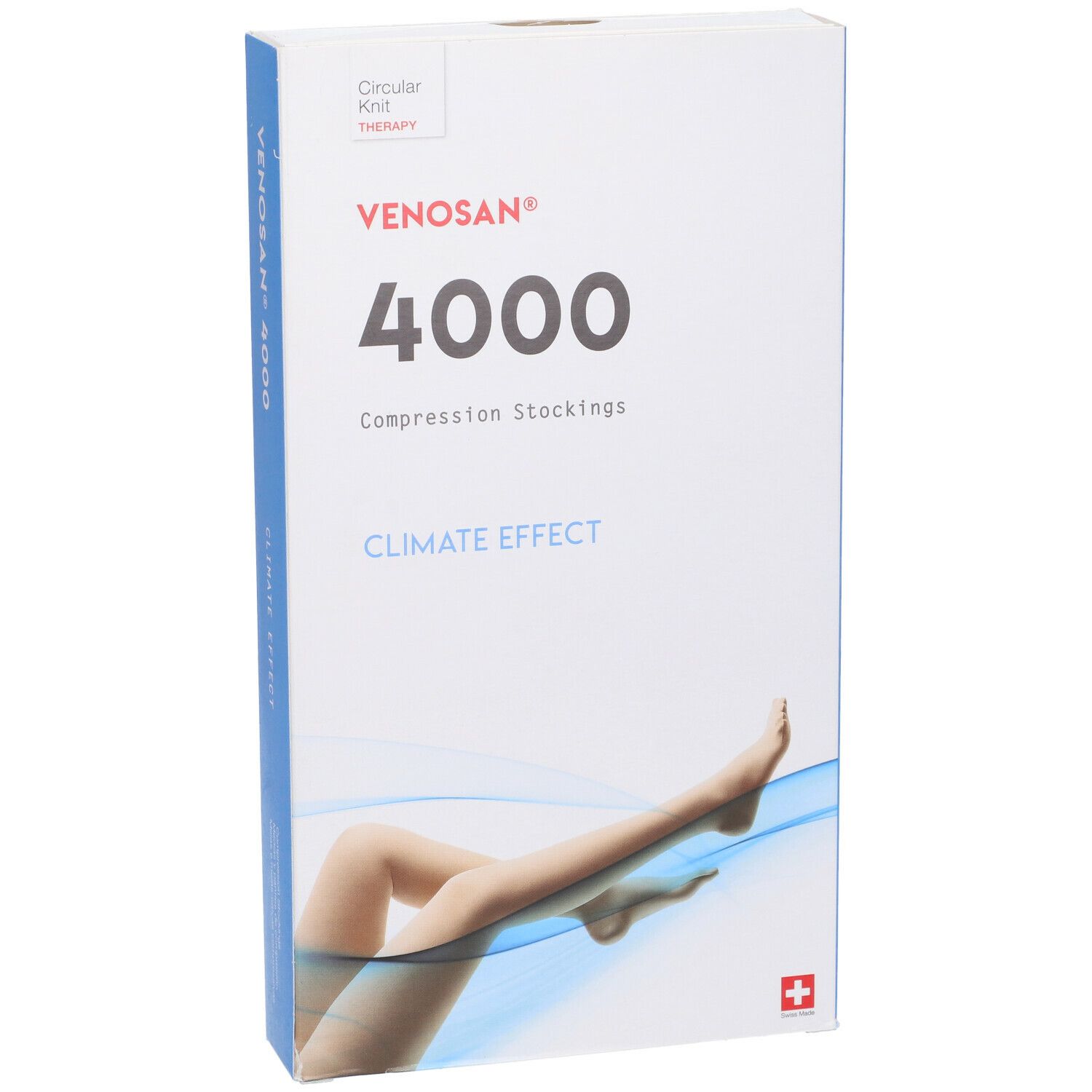 Confezione di calze a compressione Venosan 4000. Scritta: Venosan, 4000, Climate Effect. Immagine di gambe con calze.