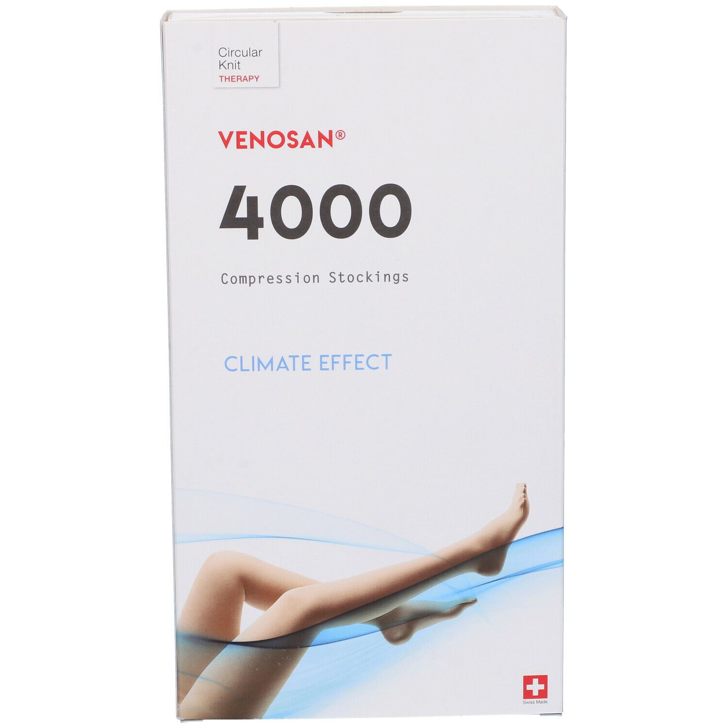 Calze a compressione Venosan 4000 in confezione. Scatola bianca con lato blu. Illustrazione gamba. Croce svizzera.