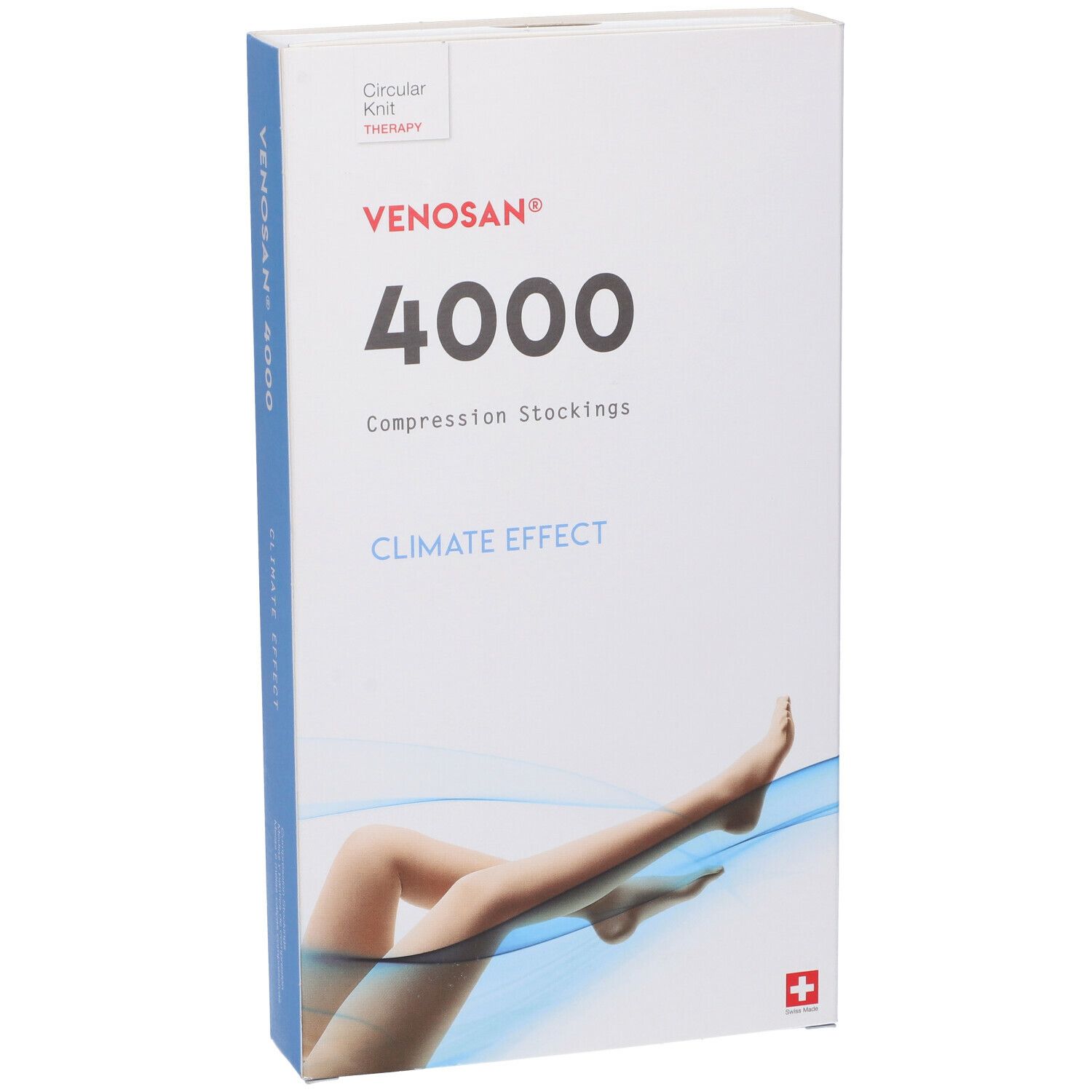 Calze a compressione Venosan 4000 in confezione. Scatola bianca con lato blu. Illustrazione gamba. Croce svizzera.