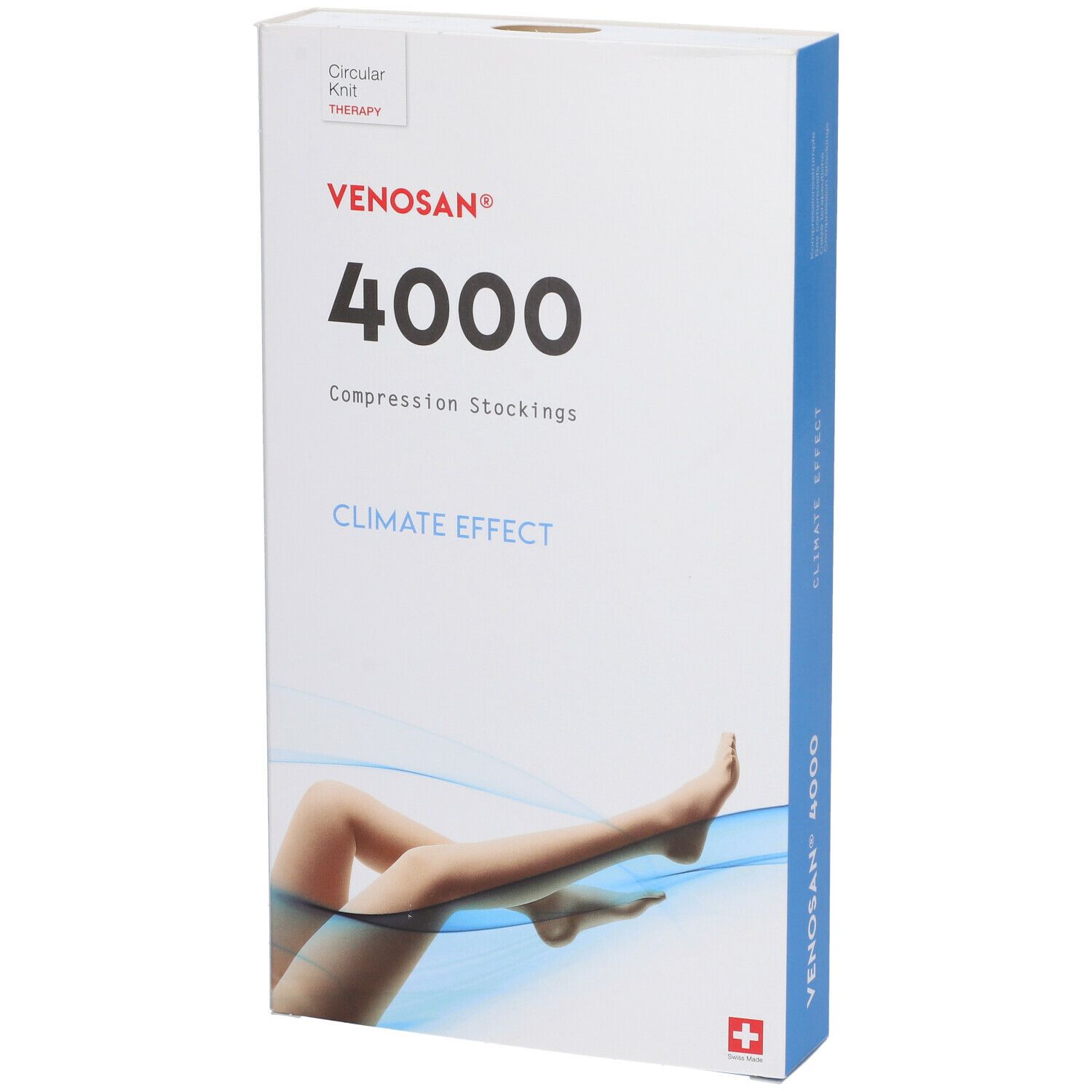 Confezione di calze a compressione Venosan 4000. Scritte: 4000, Climate Effect, croce svizzera. Vista laterale.