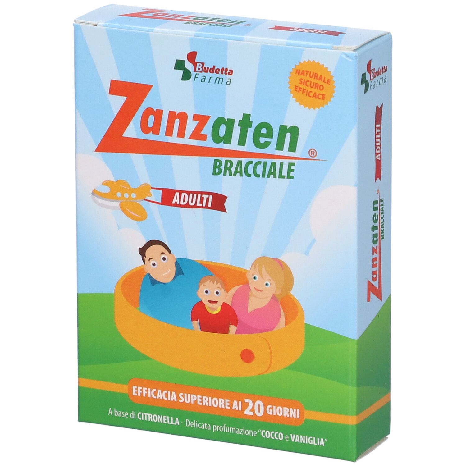 Schachtel mit Aufdruck 'Zanzaten Bracciale Adulti'. Abbildung einer Familie in einem Armband. Text: 'Effizienz über 20 Tage'.