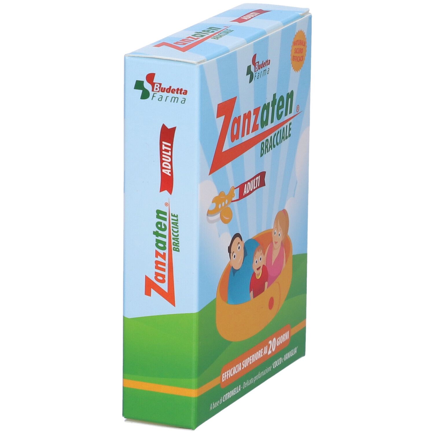 Schachtel 'Zanzaten Bracciale Adulti'. Seitenansicht. Logo und Text. Illustration einer Familie in einem Armband.