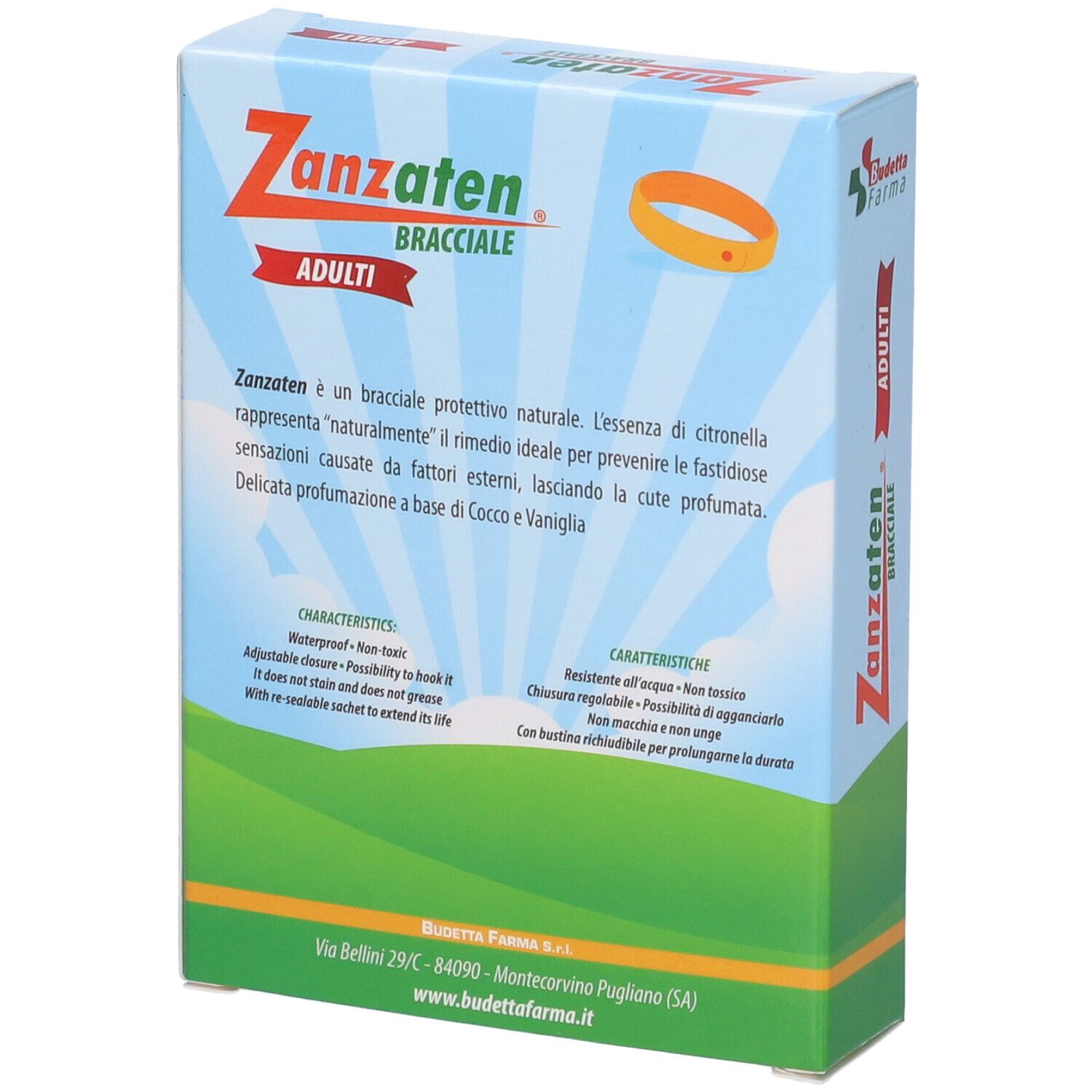 Rückseite der Schachtel 'Zanzaten Bracciale Adulti'. Text in italienischer Sprache. Produktbeschreibung und Eigenschaften.