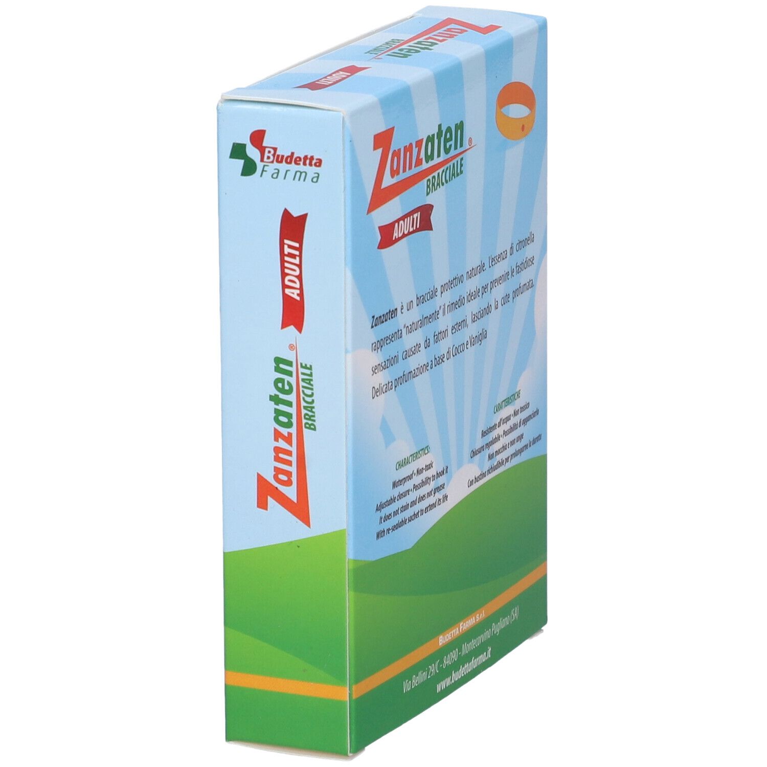 Schachtel 'Zanzaten Bracciale Adulti'. Seitenansicht. Logo und Text. Produktbeschreibung auf der Rückseite.