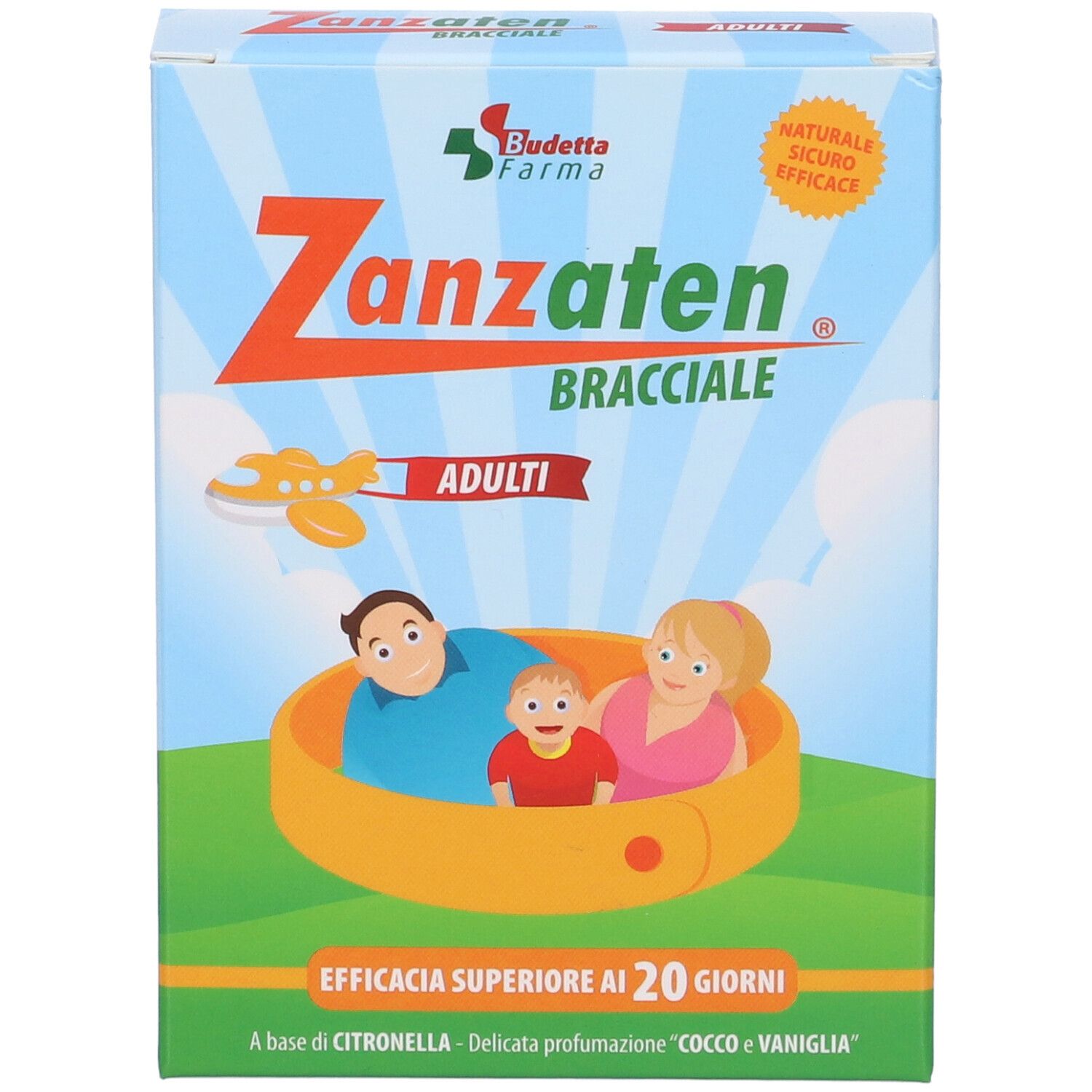 Schachtel 'Zanzaten Bracciale Adulti'. Vorderansicht. Logo, Text und Illustration einer Familie in einem Armband.