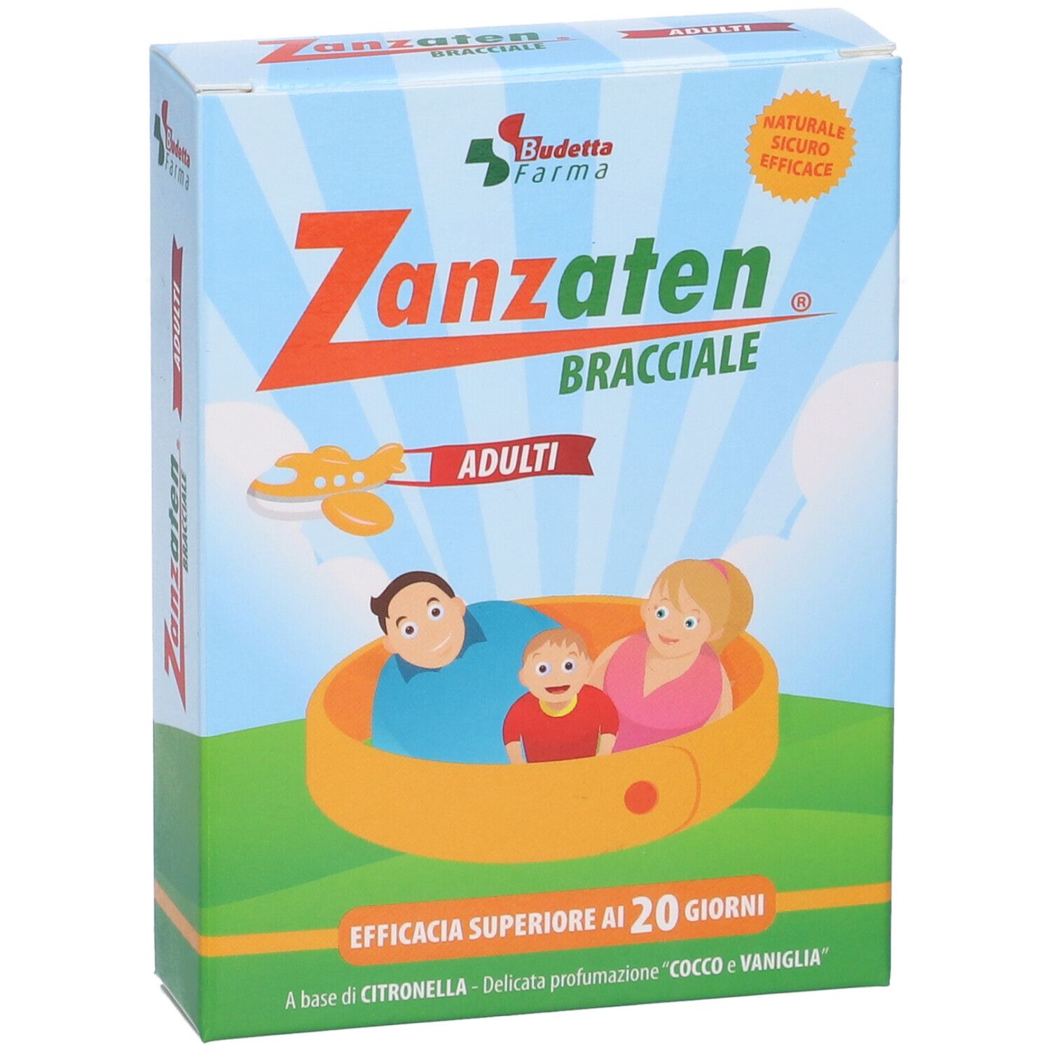 Schachtel 'Zanzaten Bracciale Adulti'. Vorderansicht. Logo, Text und Illustration einer Familie in einem Armband.