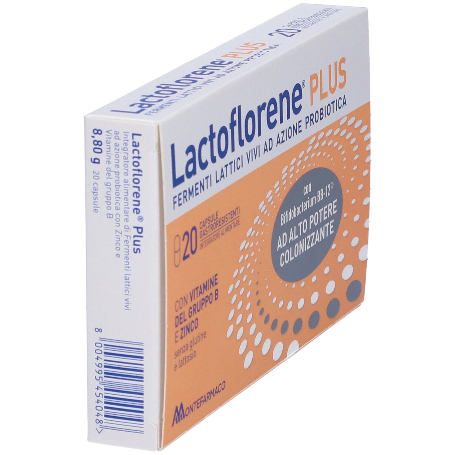 Confezione di Lactoflorene® PLUS in prospettiva. Contiene 20 capsule. Nome del prodotto e loghi visibili.