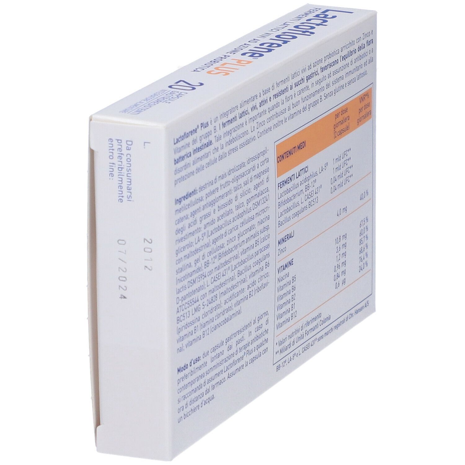Retro in prospettiva della confezione Lactoflorene® PLUS. Informazioni sugli ingredienti e scadenza.