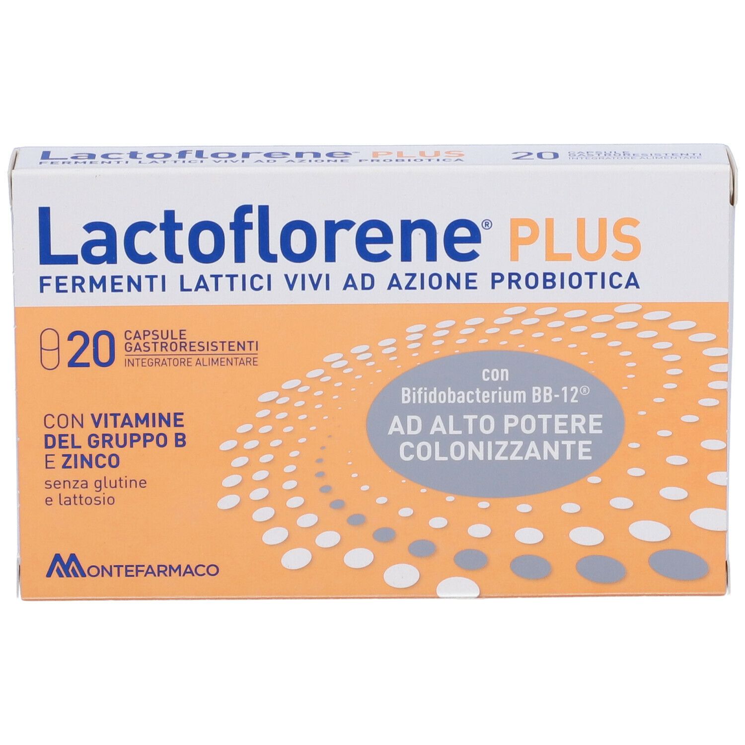 Confezione di Lactoflorene® PLUS. Contiene 20 capsule. Sfondo arancione con nome del prodotto e loghi.