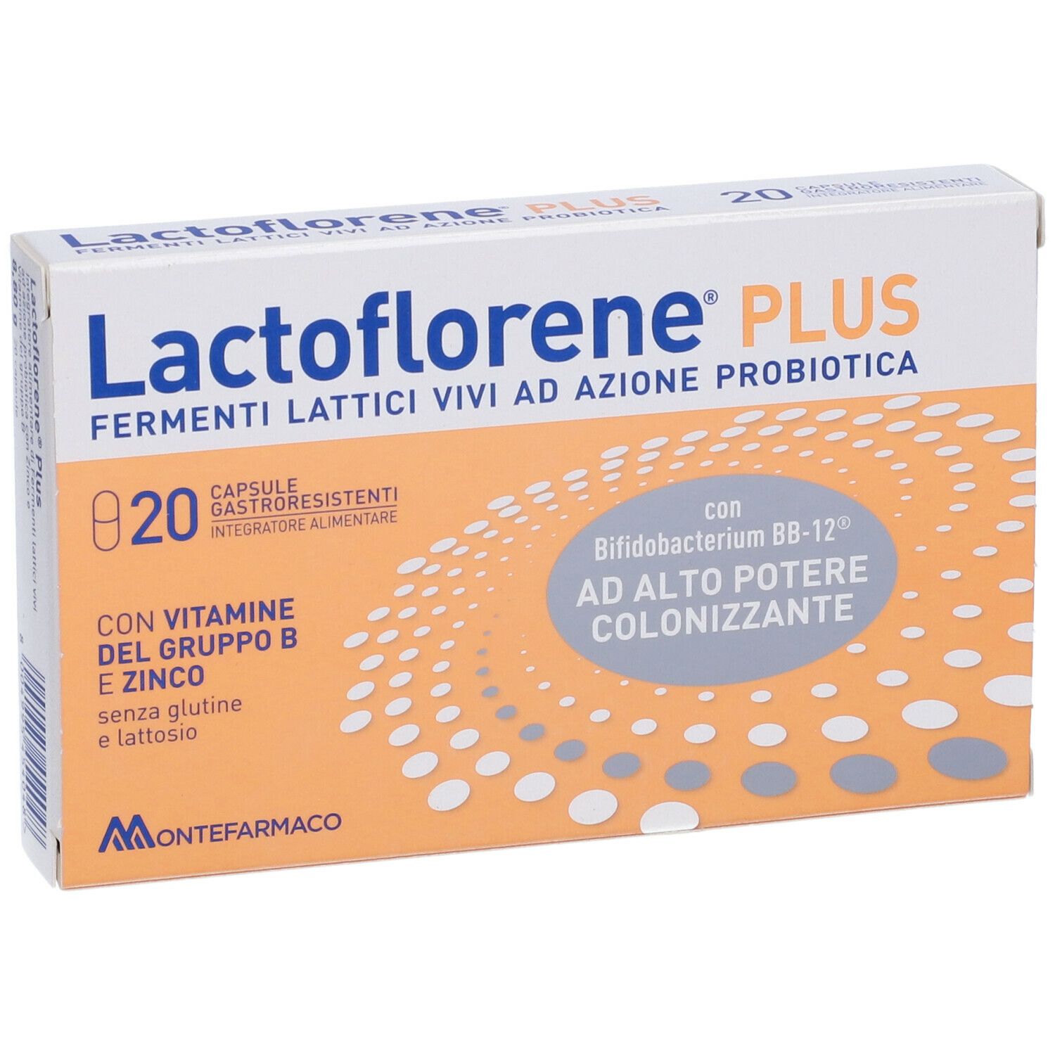 Confezione di Lactoflorene® PLUS. Contiene 20 capsule. Sfondo arancione con nome del prodotto e loghi.